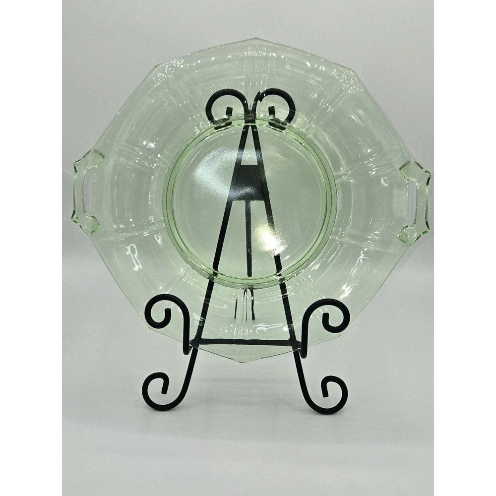 Depression Glass Green Uranium Serving Plate with Handles 11.5